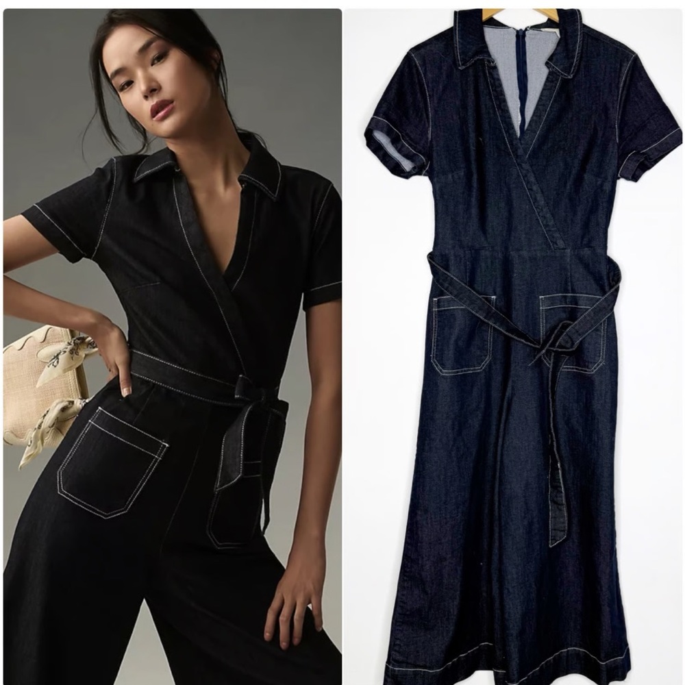Maeve Anthropologie Colette Wrap Jumpsuit Ponte Denim Blue 10 - Picture 2 of 14